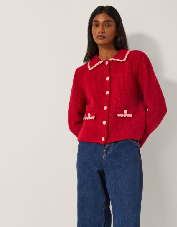 Sewn to Steal the Show, the Scalloped Red Cardi is this Season’s Must-Have Knit